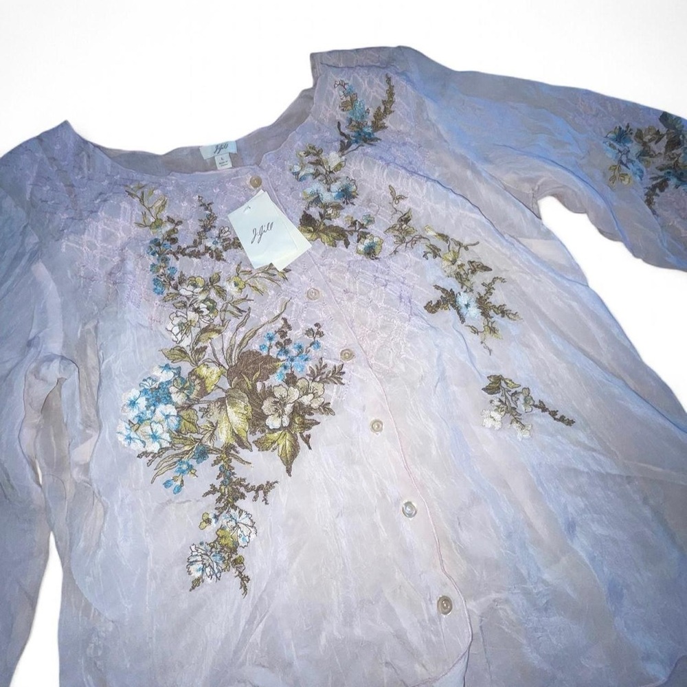J Jill embroidered semi sheer button up quarter sleeve lavender blush floral top - Picture 2 of 9